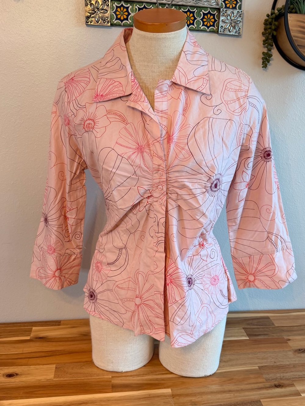 Periscope Vintage Y2K Center Ruched Pink Floral Cotton Blouse L